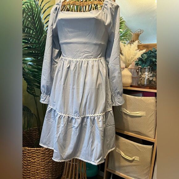 Light Blue Long Sleeve Dress 12T Tiered Ruffle Detail Square Neck Elegant Style - Picture 3 of 14